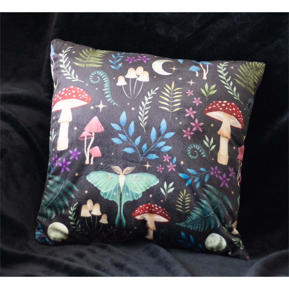 Dark Forest Mushroom & Moth Cushion – Square
