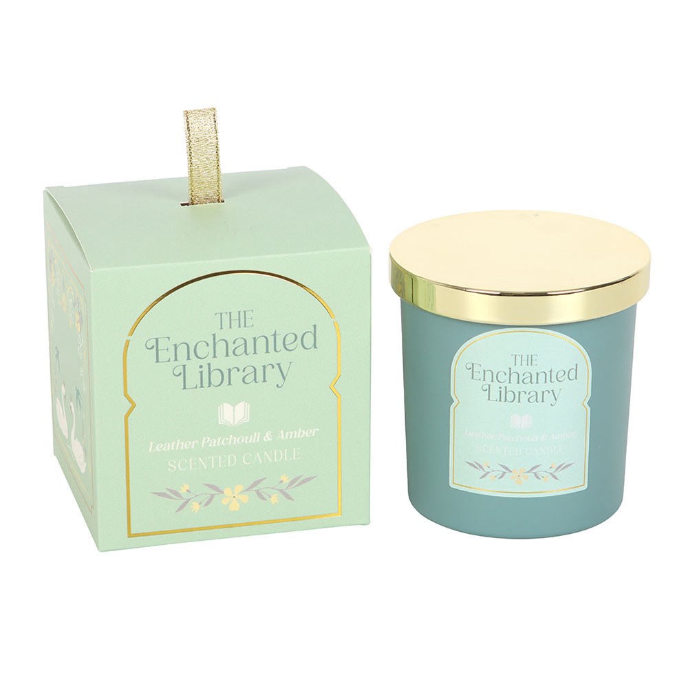 The Enchanted Library Leather, Pathchouli & Amber Glass Candle