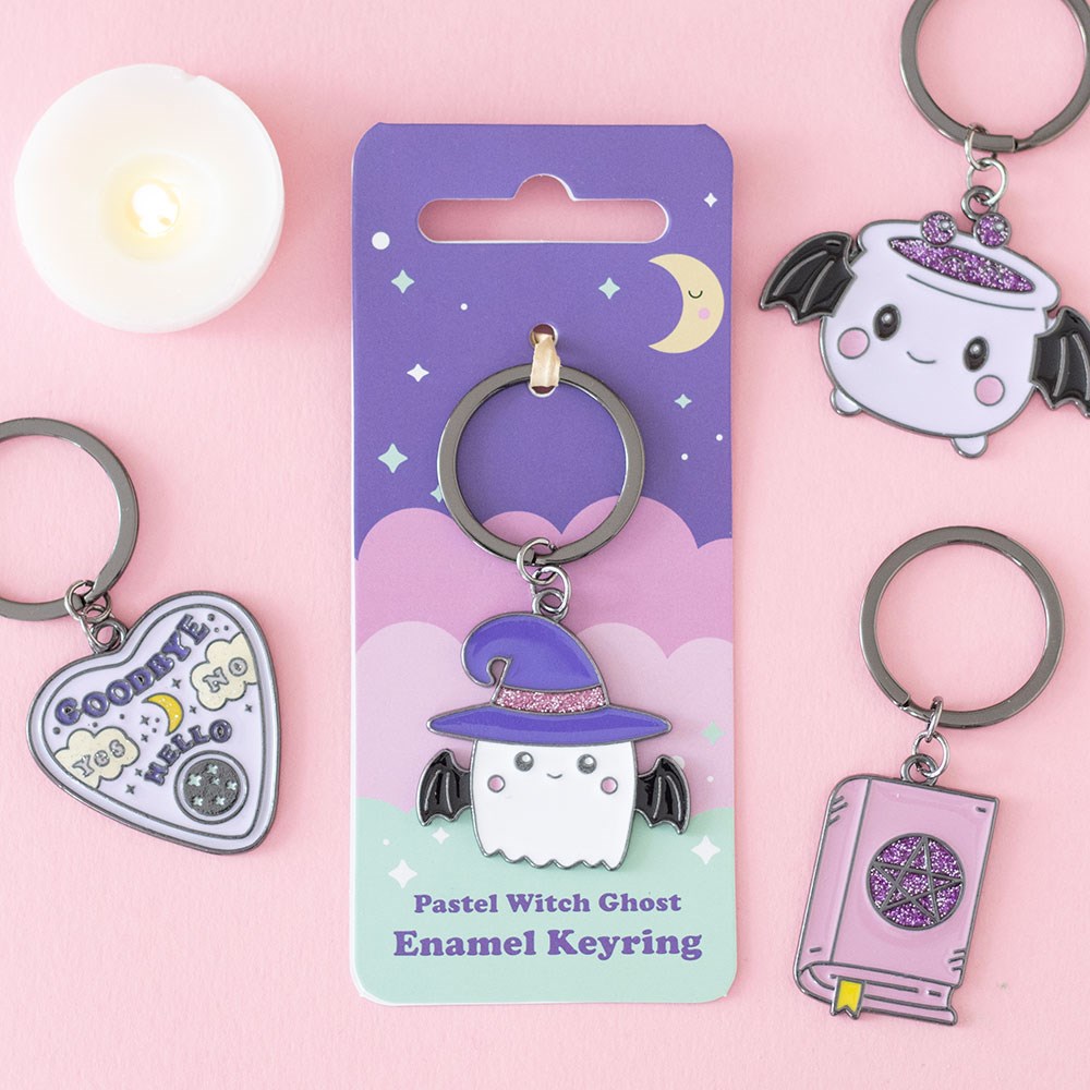 Candy Cauldron Ghost with Witch Hat Glitter Enamel Keyring